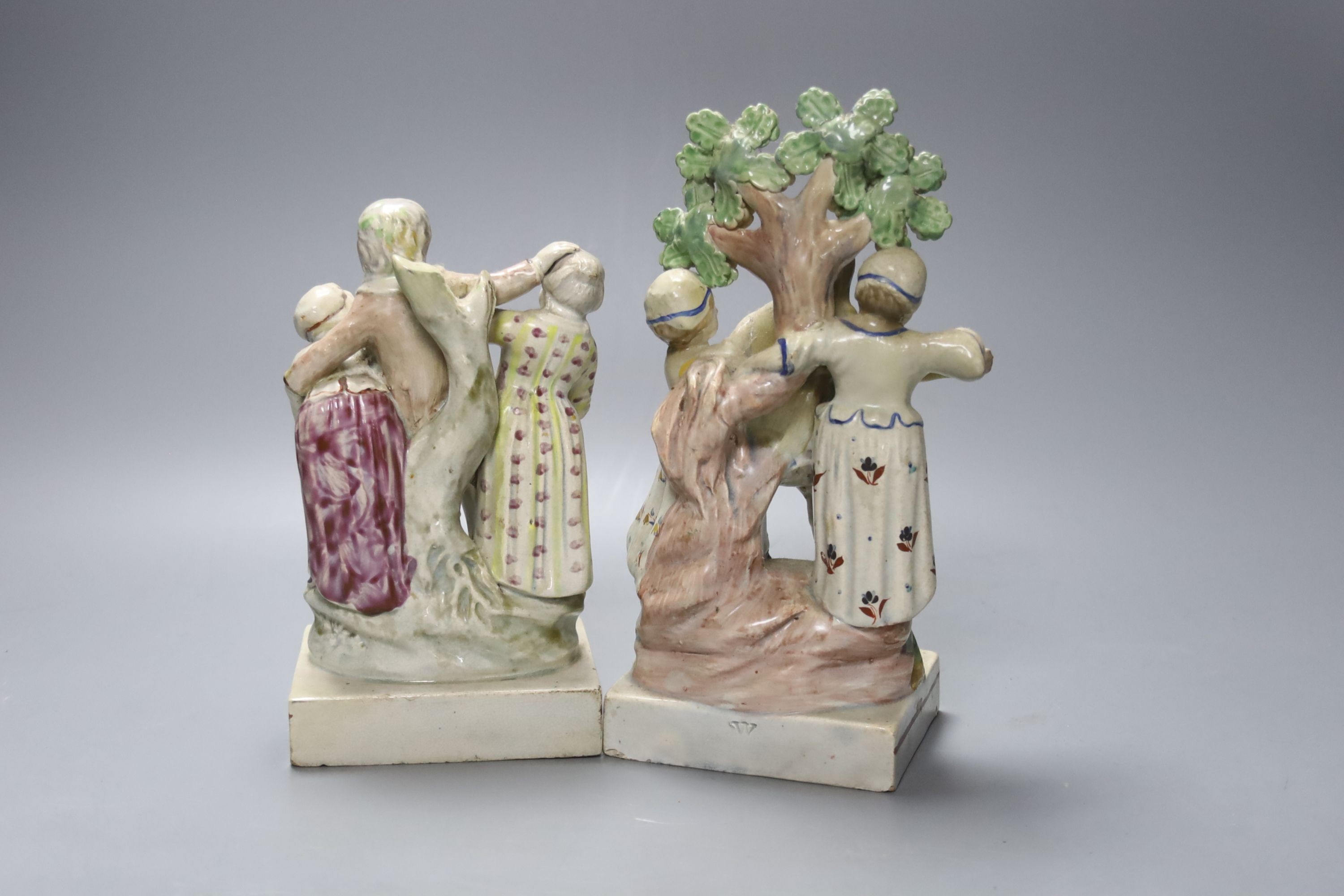 An early 19th century Ralph Wood Staffordshire group 'No Contest', 17.5cm and a similar bocage group, 'Scuffle', 21cm